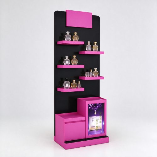 Black and magenta pink cantilever shelf perfume display stand left 45 degree angle view