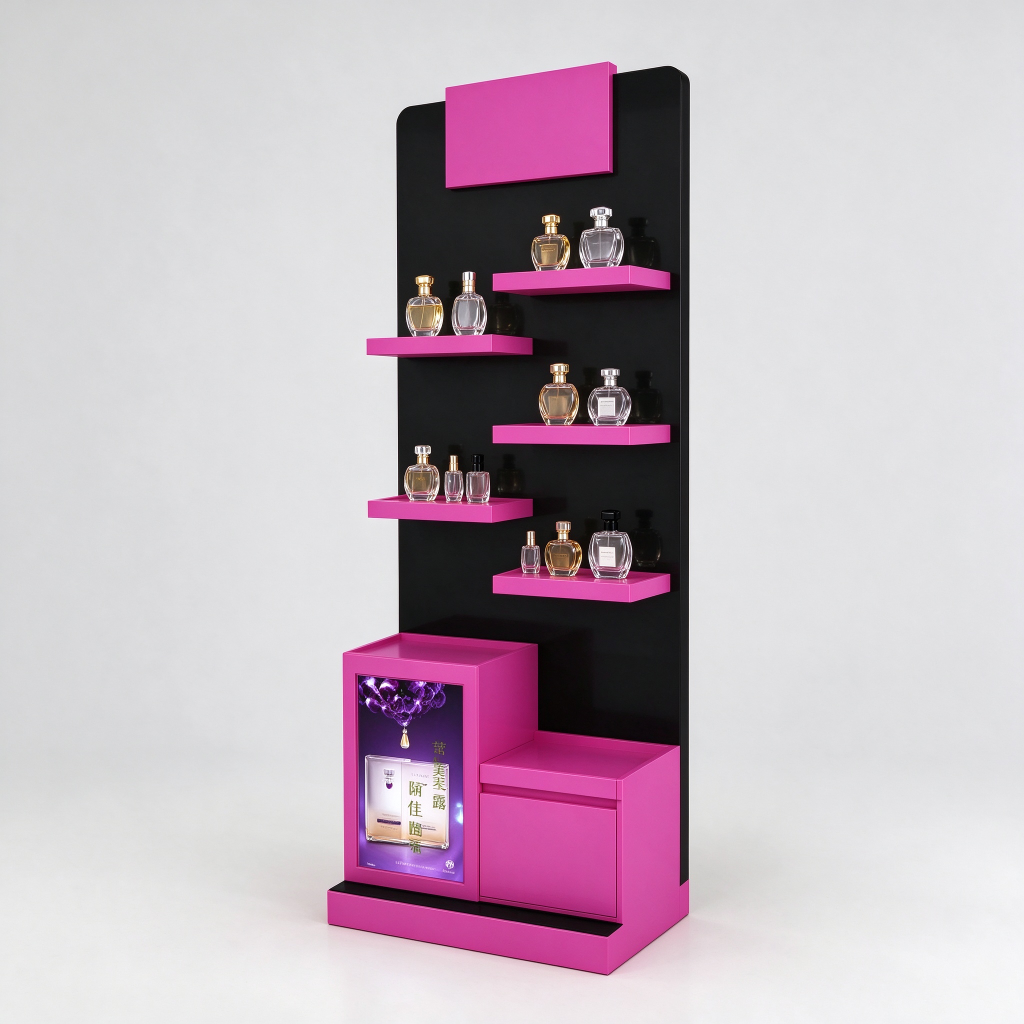 Black and magenta pink cantilever shelf perfume display stand right 45 degree angle view