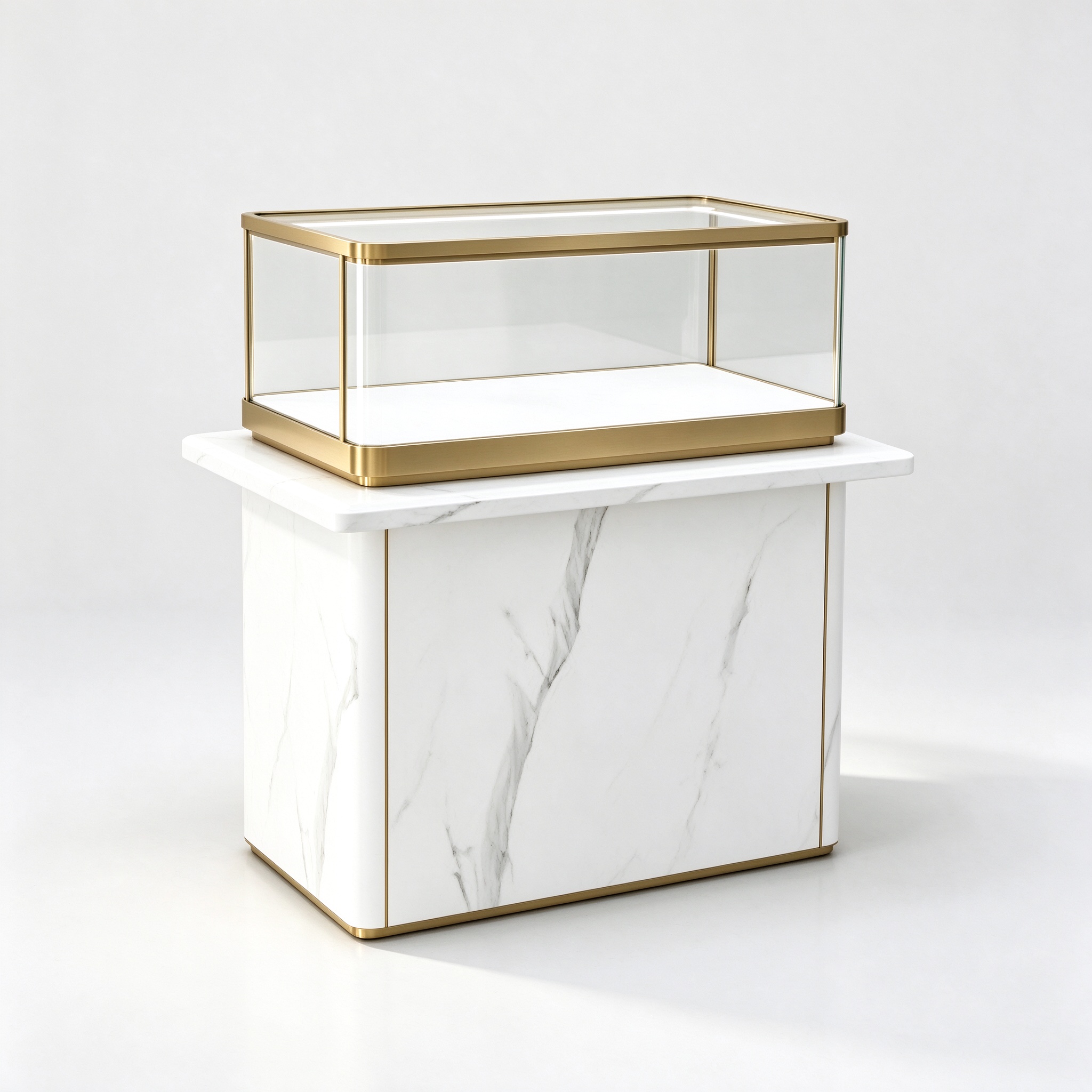 White marble glass showcase left 45 degree view