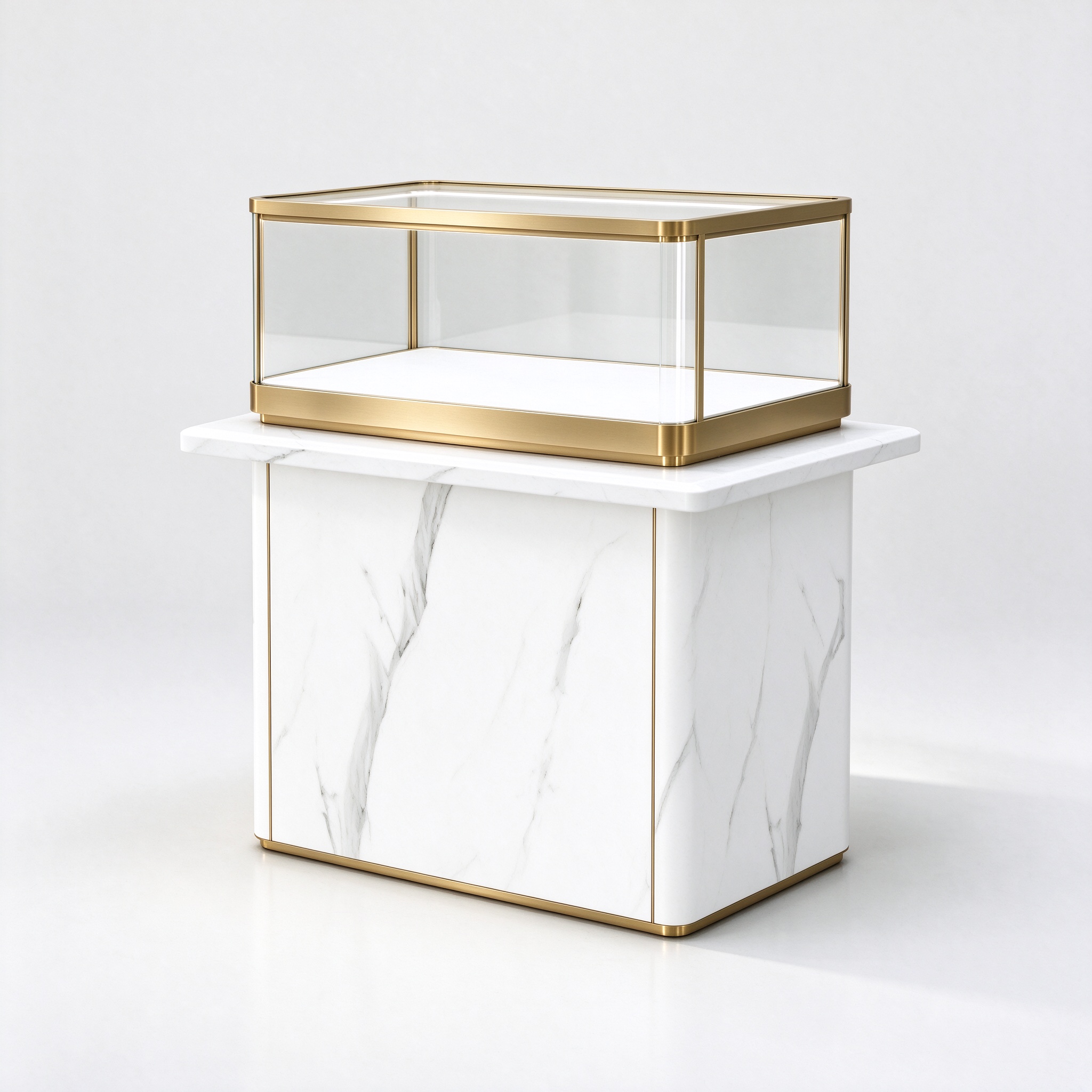 White marble glass showcase right 45 degree view