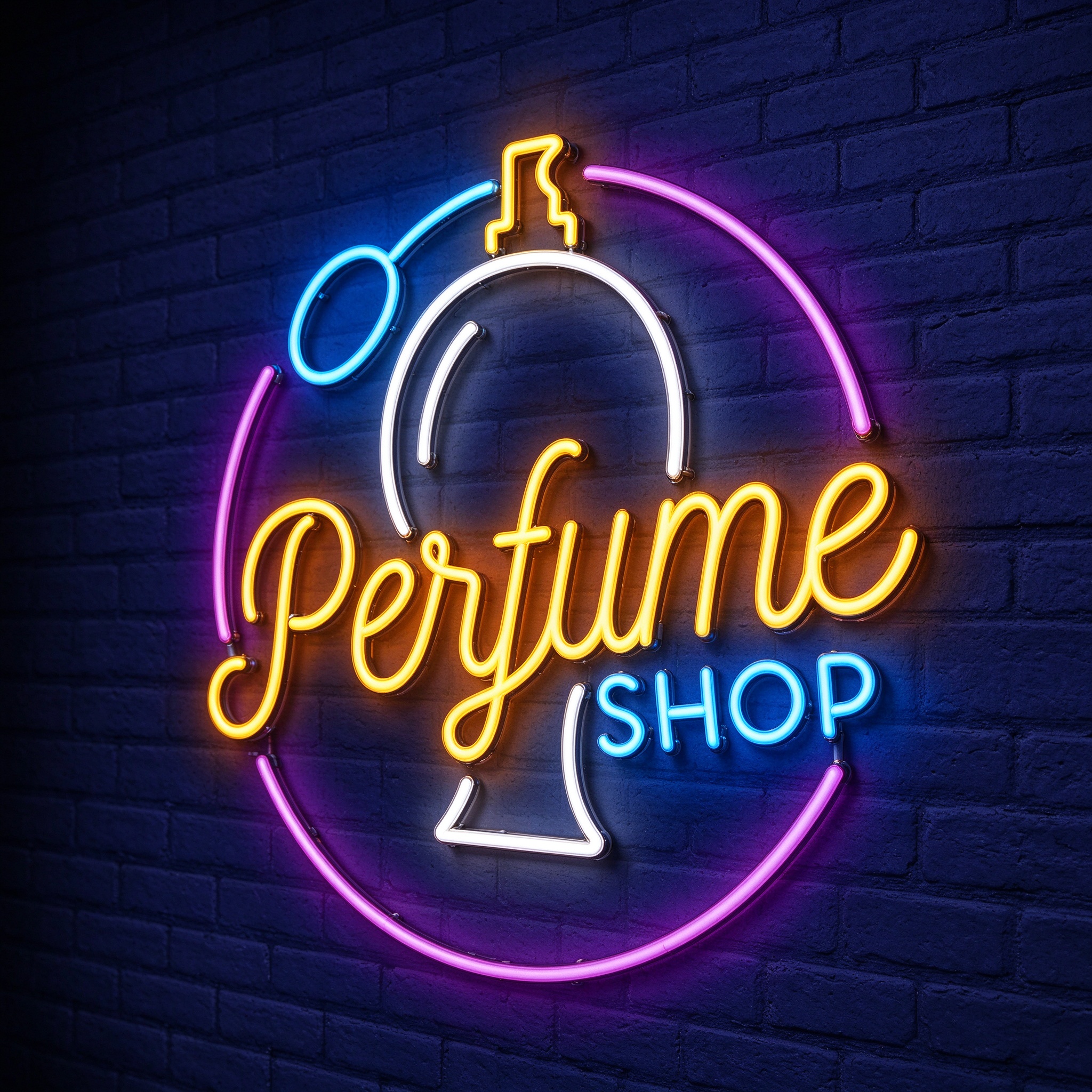 LED neon perfume shop sign with bottle outline, left 45 degree angle view