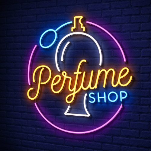 LED neon perfume shop sign with bottle outline, right 45 degree angle view