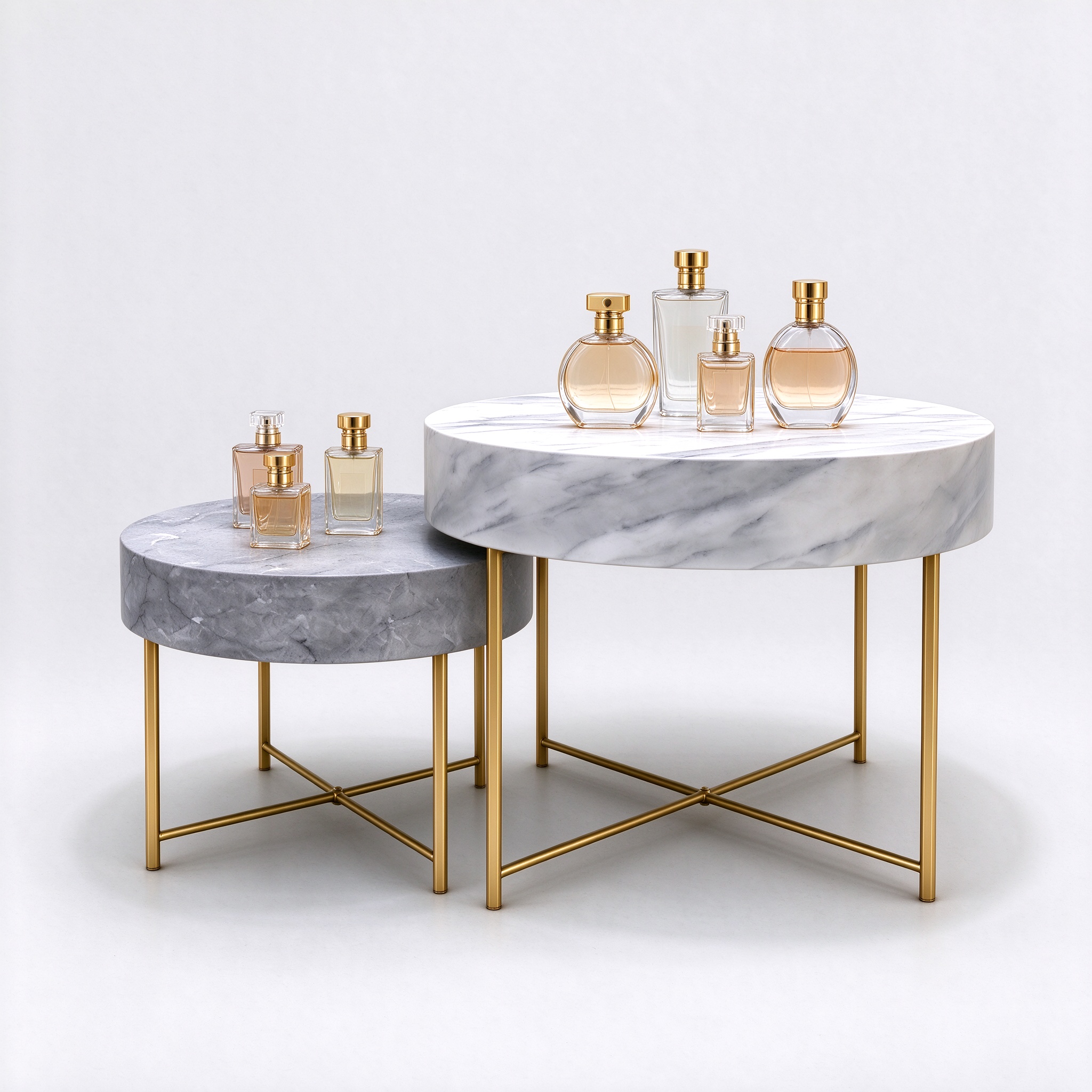 Set of 2 nesting marble perfume display tables left 45 degree view