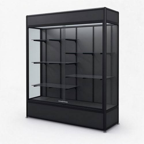 Black metal frame glass display cabinet right 45 degree view