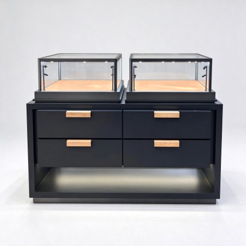 Black drawer glass jewelry display cabinet left 45 degree view