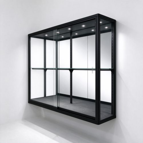 Black wall mounted glass display case back mirror left 45 degree view