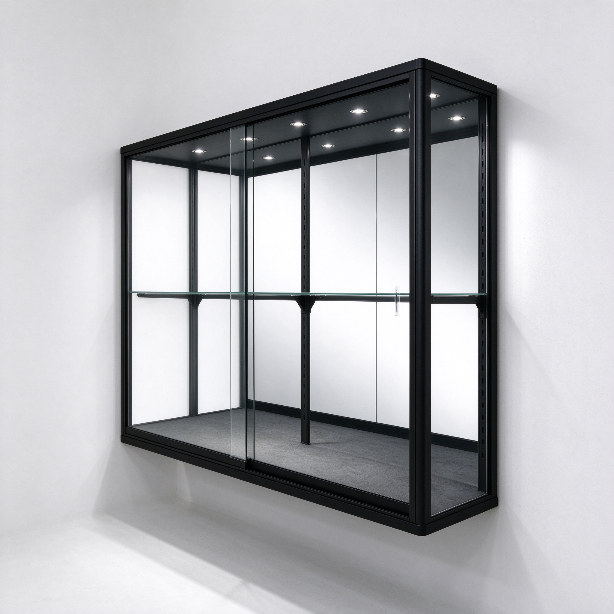 Black wall mounted glass display case back mirror left 45 degree view