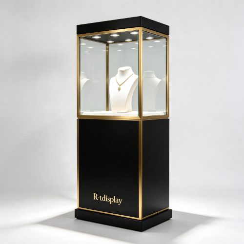 Luxury black gold museum jewelry display case left 45 degree view