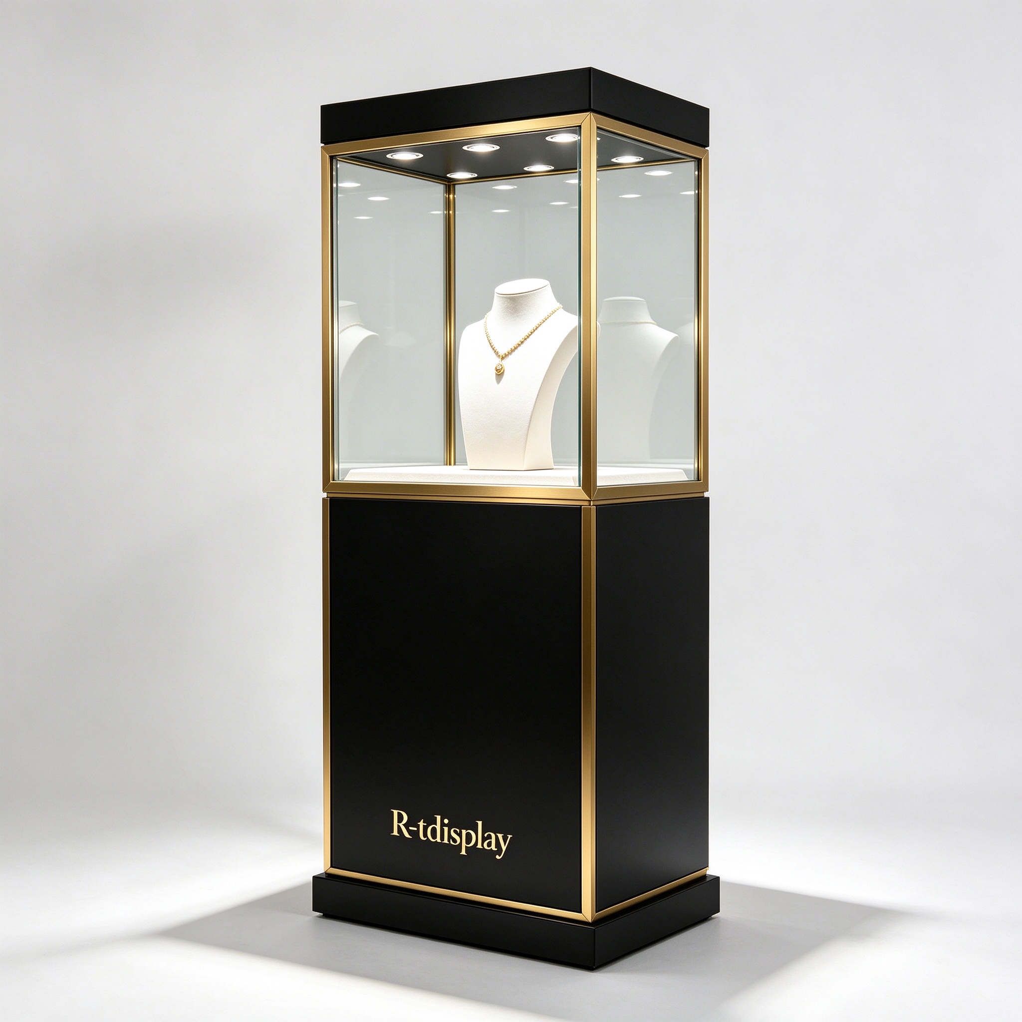 Luxury black gold museum jewelry display case left 45 degree view