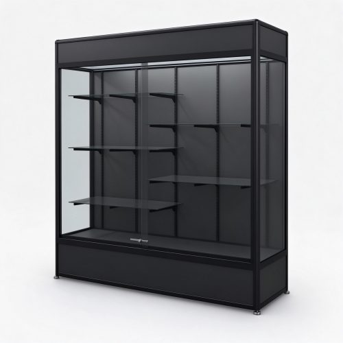 Black metal frame glass display cabinet left 45 degree view