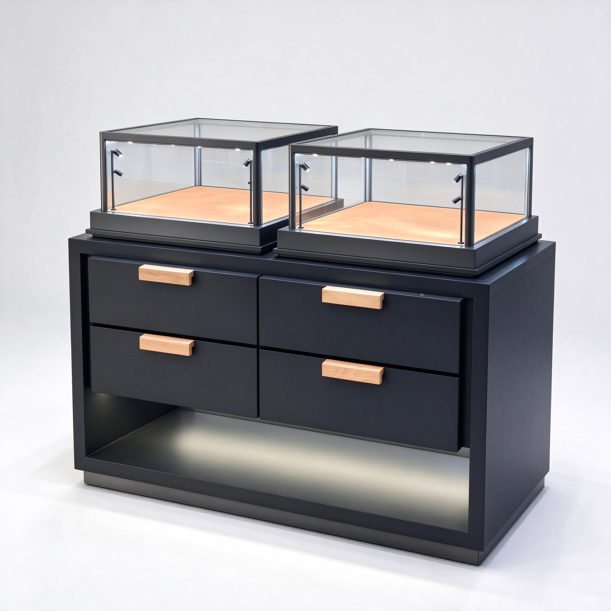 Black drawer glass jewelry display cabinet right 45 degree view
