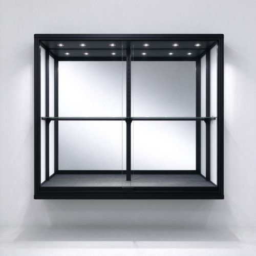 Black wall mounted glass display case back mirror straight-on front view