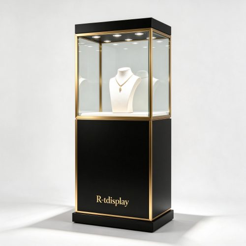 Luxury black gold museum jewelry display case right 45 degree view
