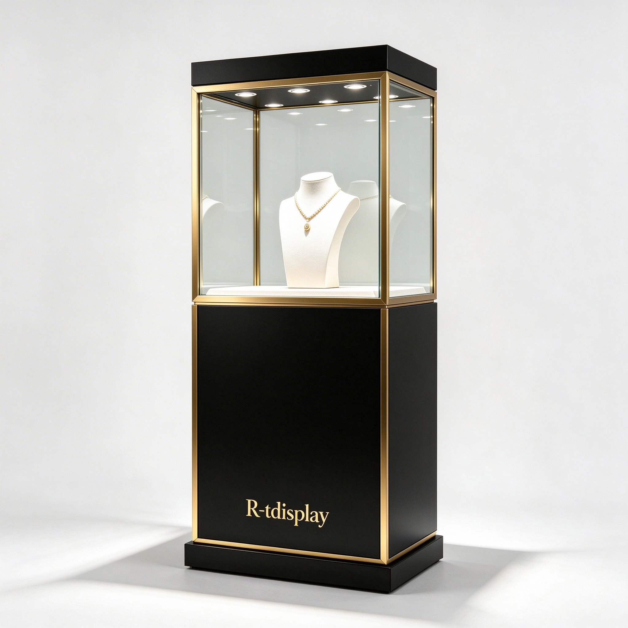 Luxury black gold museum jewelry display case right 45 degree view