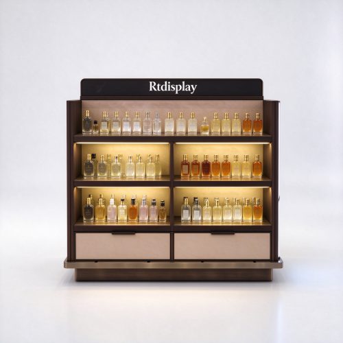 Dark brown perfume display counter straight-on front view, double-sided
