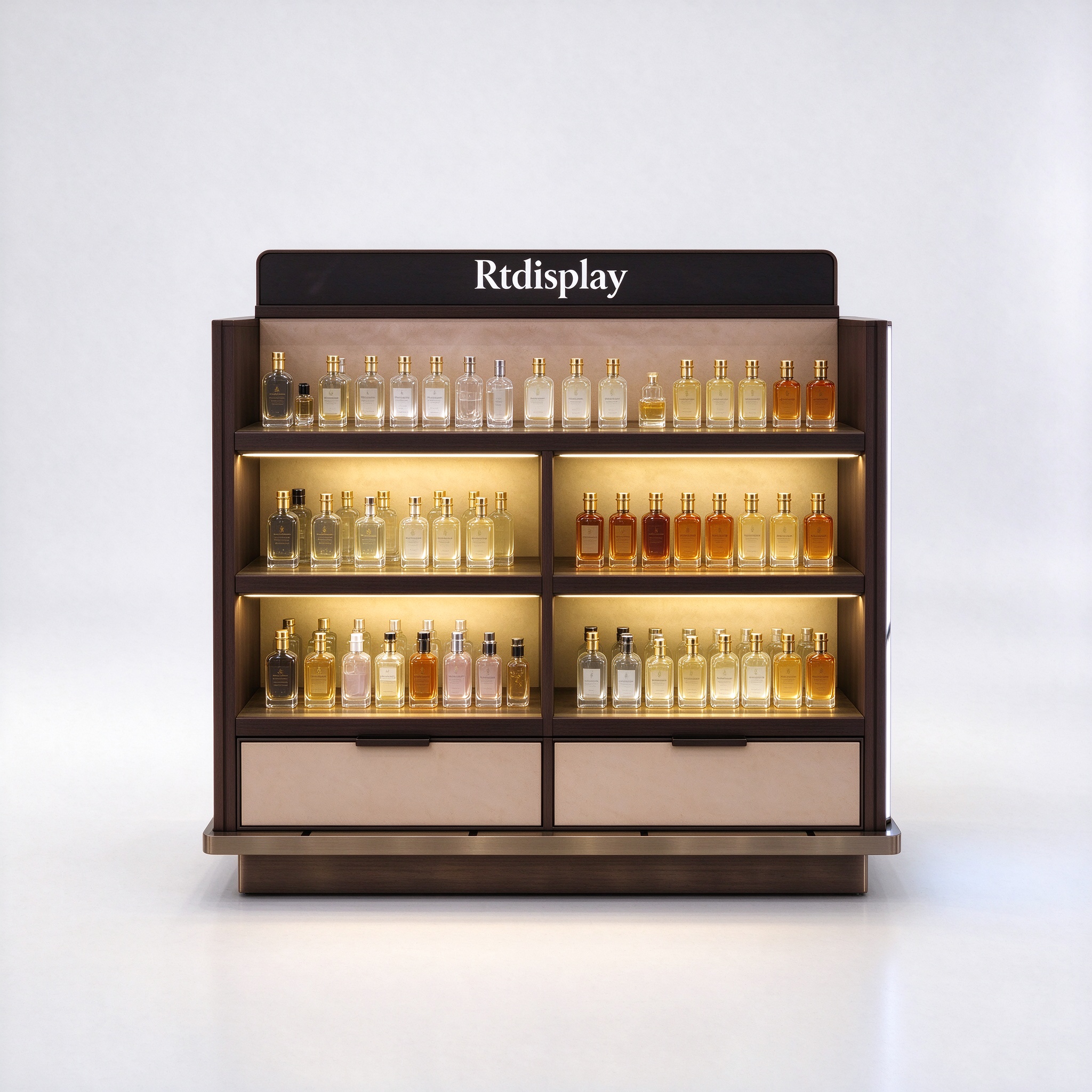 Dark brown perfume display counter straight-on front view, double-sided