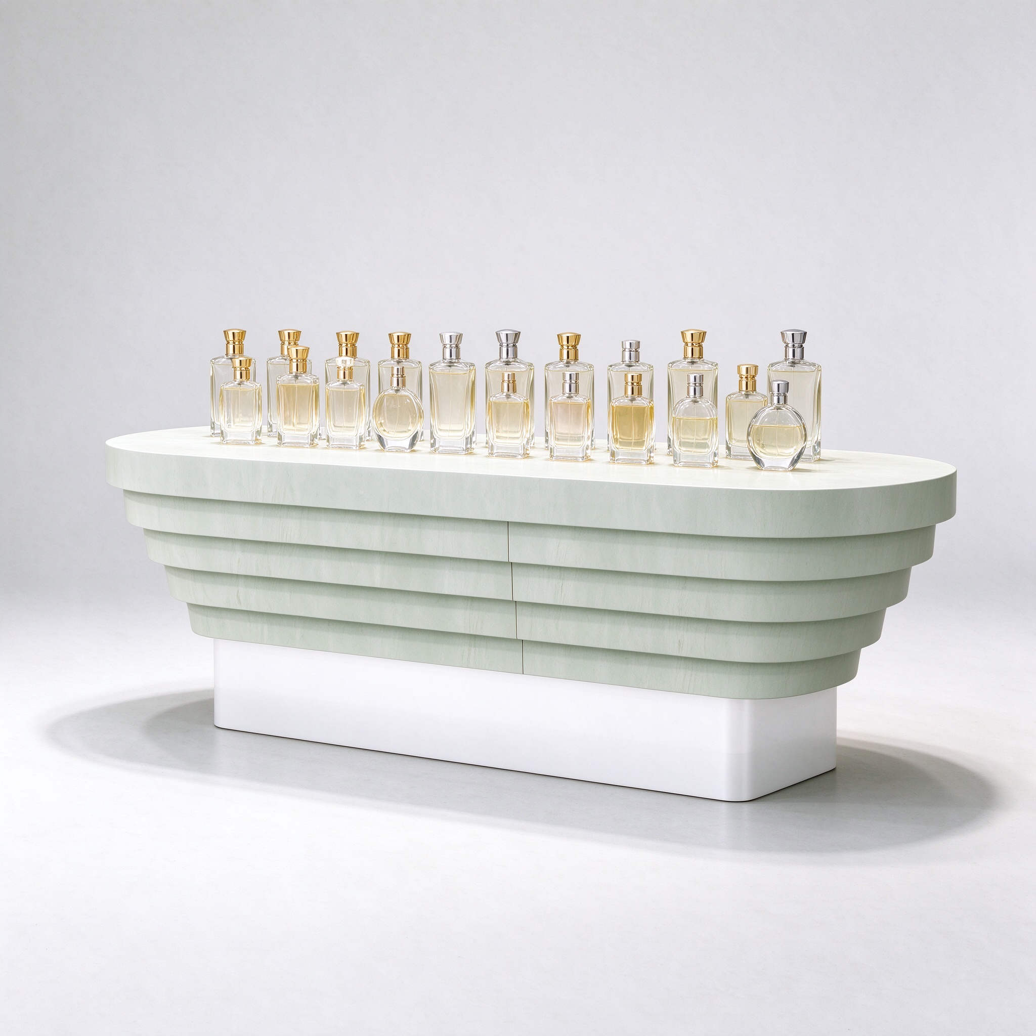 Pale mint green stepped curved perfume display counter with perfume bottles left 45 view