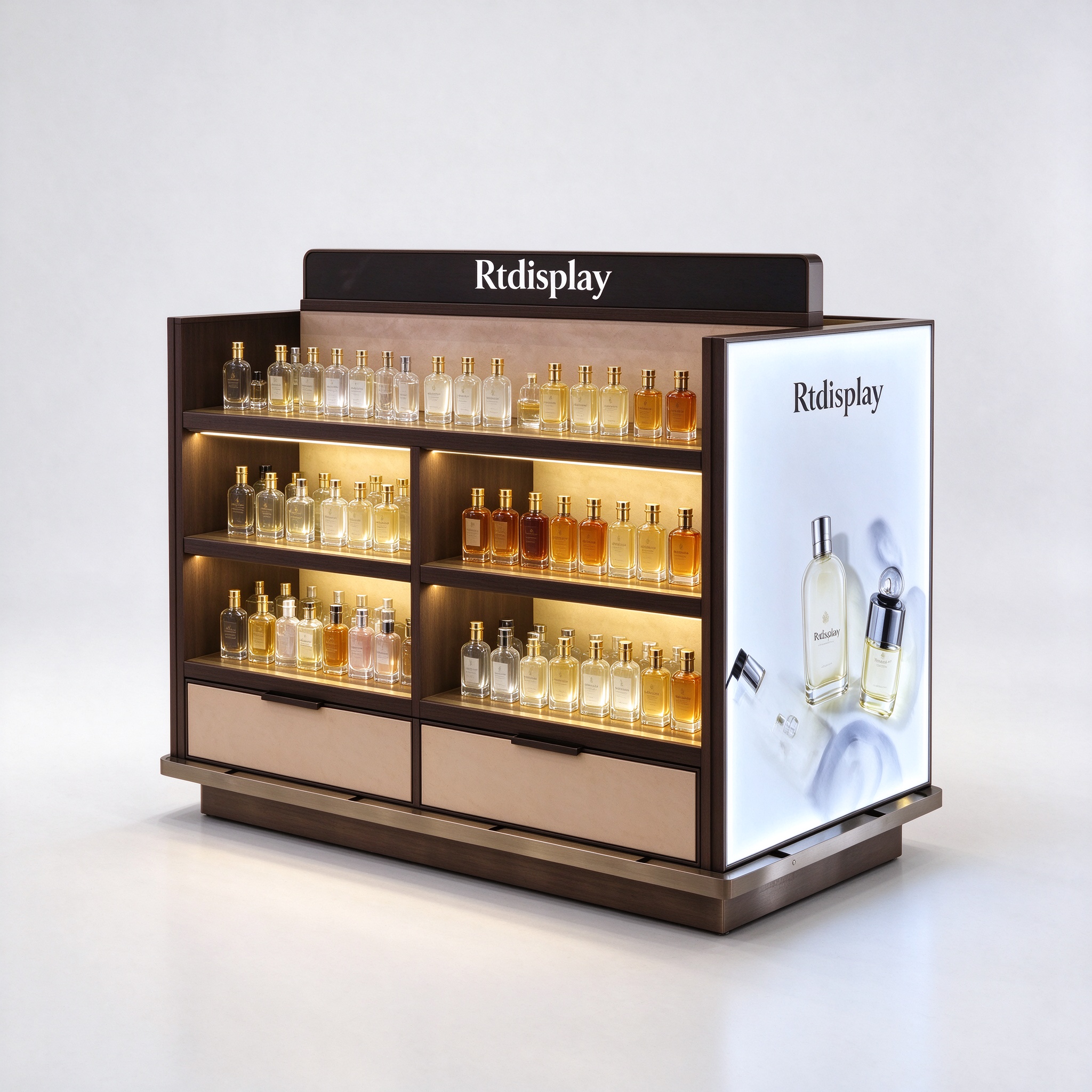 Dark brown perfume display counter right 45 degree view, double-sided