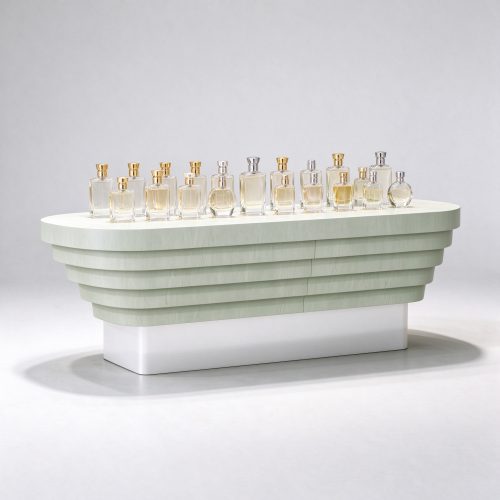 Pale mint green stepped curved perfume display counter with perfume bottles right 45 view