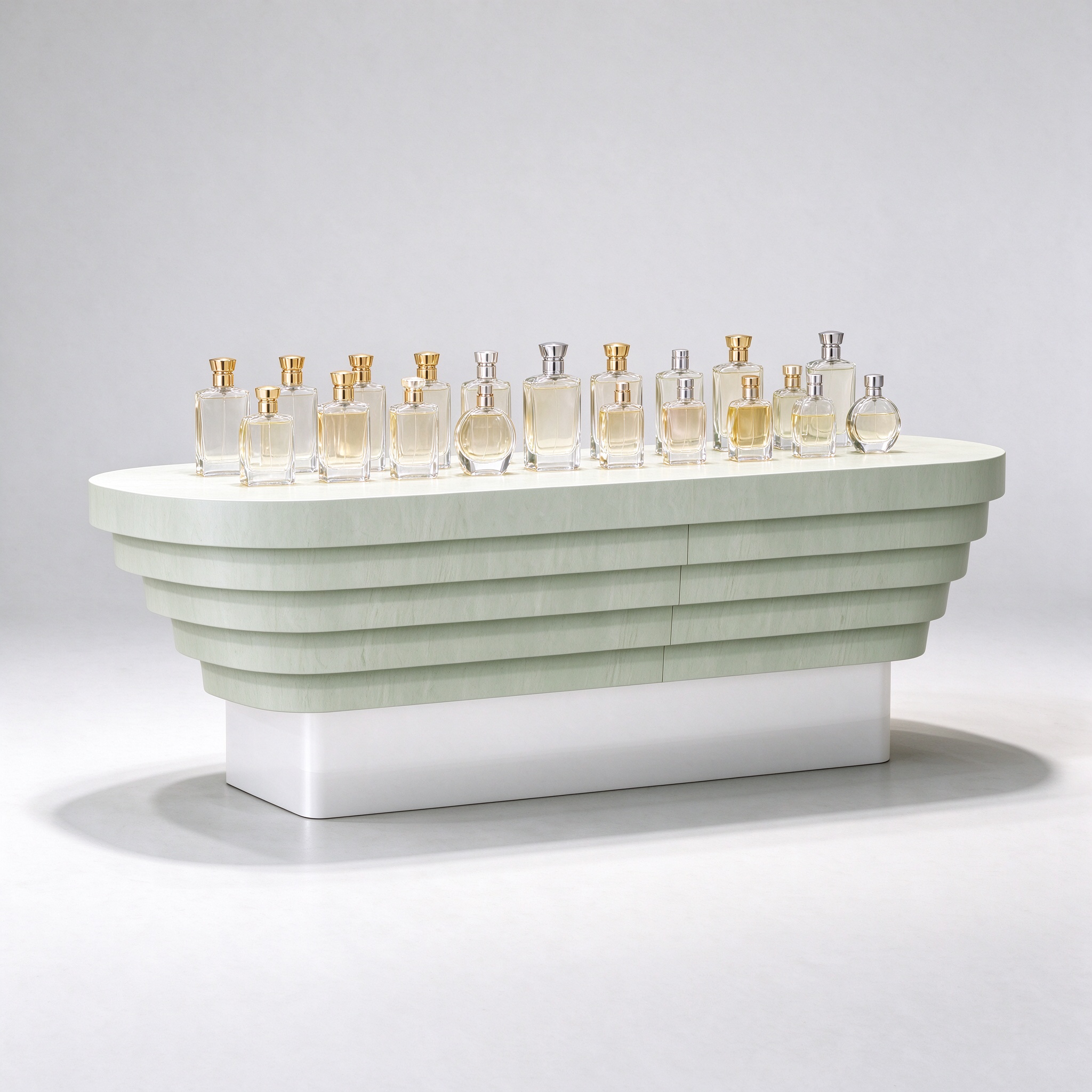 Pale mint green stepped curved perfume display counter with perfume bottles right 45 view