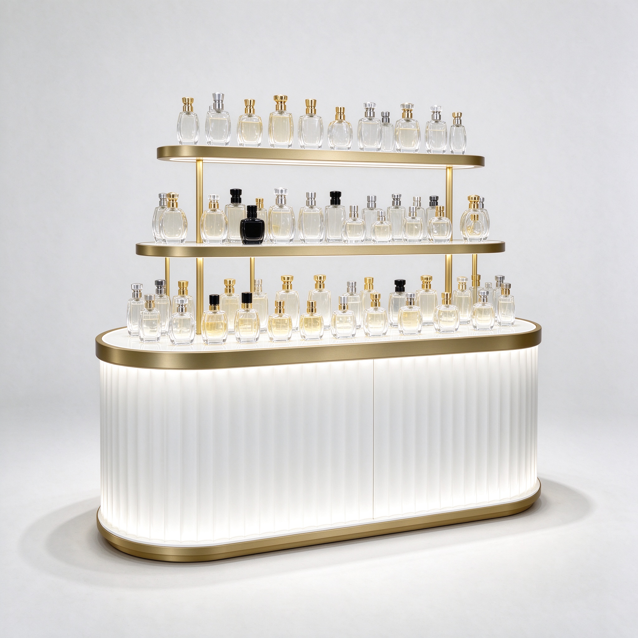 Oval white fluted perfume island counter left 45 degree angle view