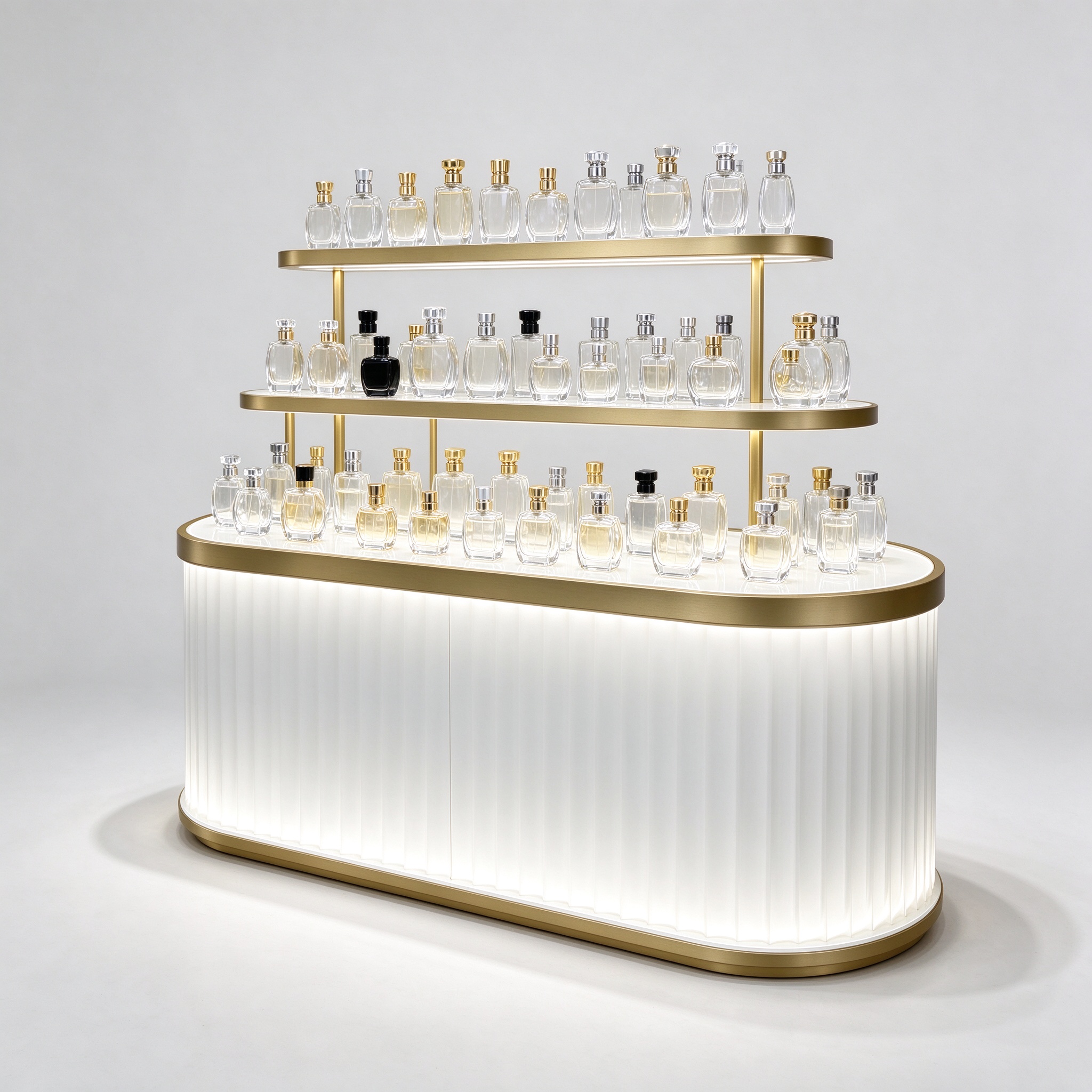 Oval white fluted perfume island counter right 45 degree angle view