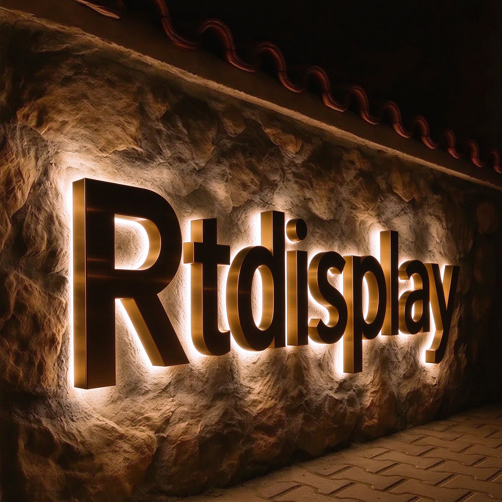 Outdoor bronze backlit channel letters on stone wall, left 45 degree night view