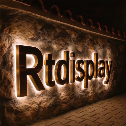 Outdoor bronze backlit channel letters on stone wall, right 45 degree night view