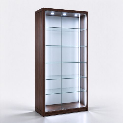 Dark walnut 5-shelf LED display tower closed solid sides left 45 degree view