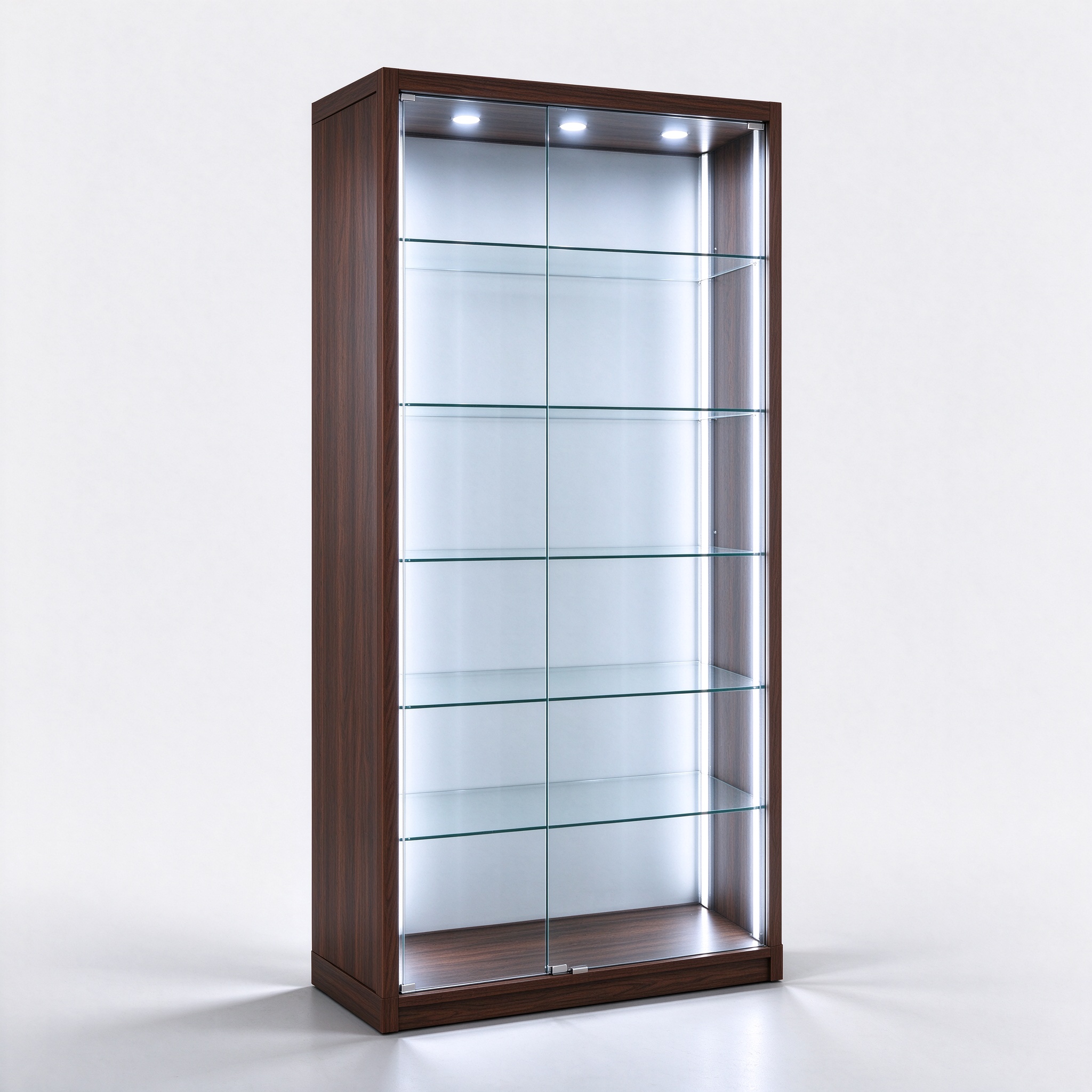 Dark walnut 5-shelf LED display tower closed solid sides left 45 degree view
