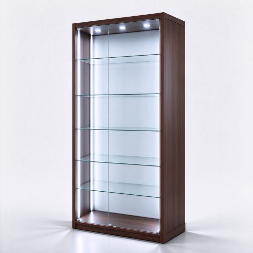 Dark walnut 5-shelf LED display tower closed solid sides right 45 degree view