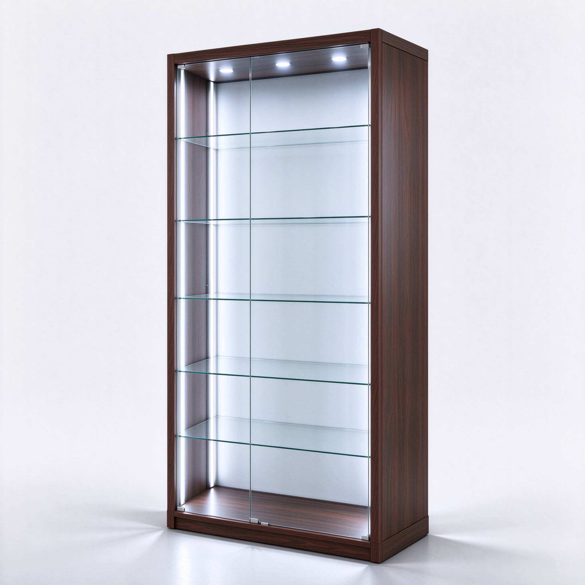 Dark walnut 5-shelf LED display tower closed solid sides right 45 degree view