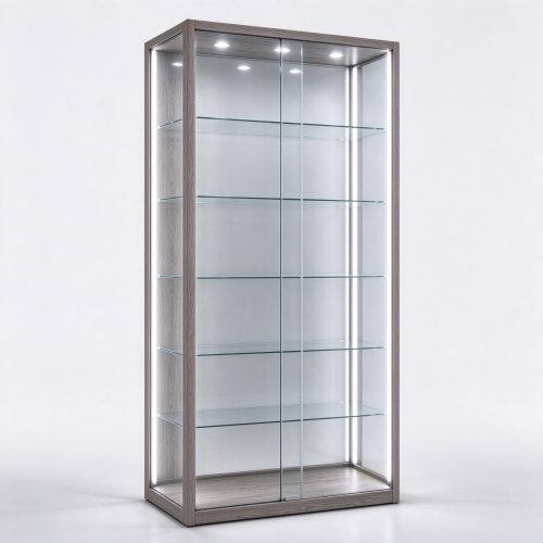 Illuminated smoked oak glass display cabinet left 45 degree view