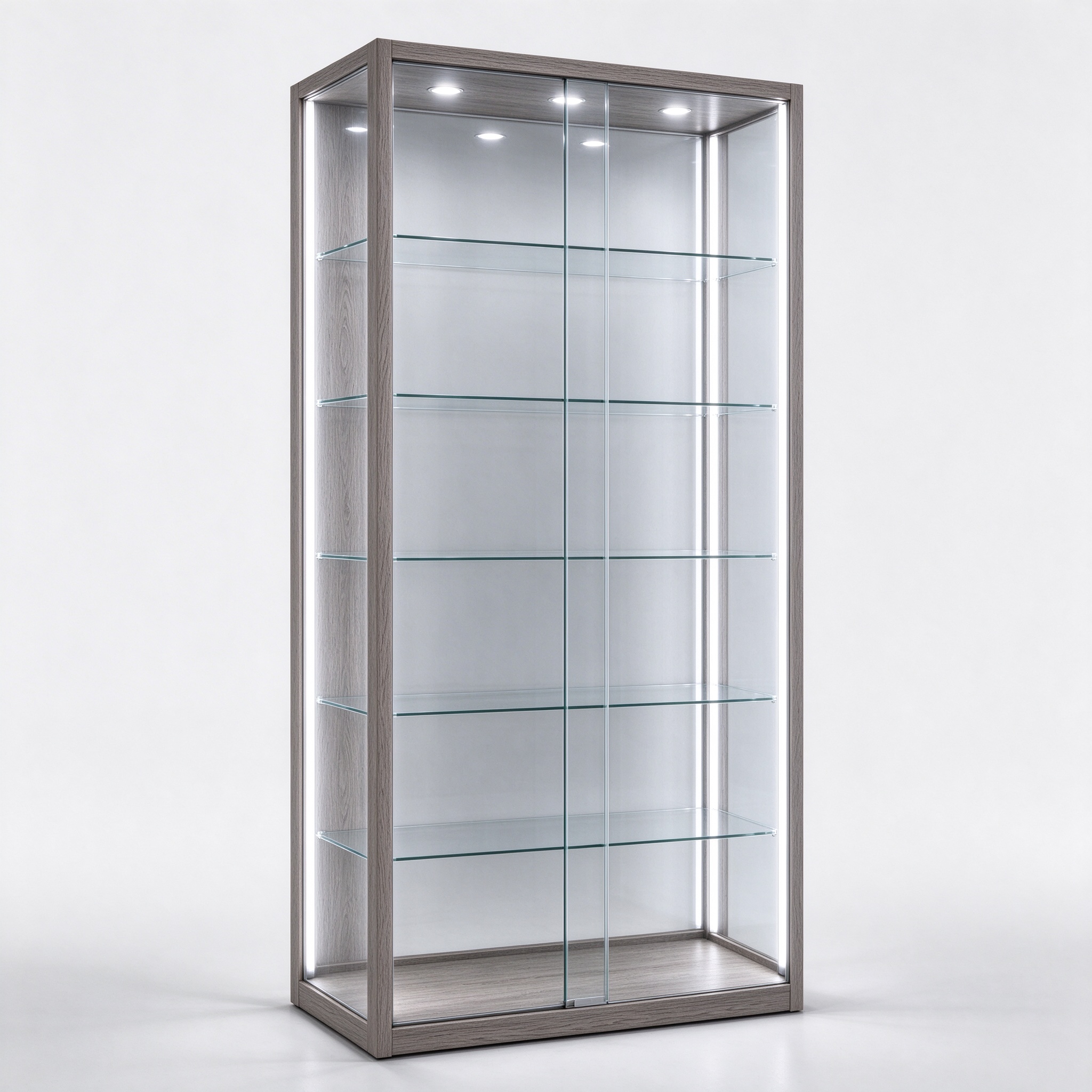 Illuminated smoked oak glass display cabinet left 45 degree view