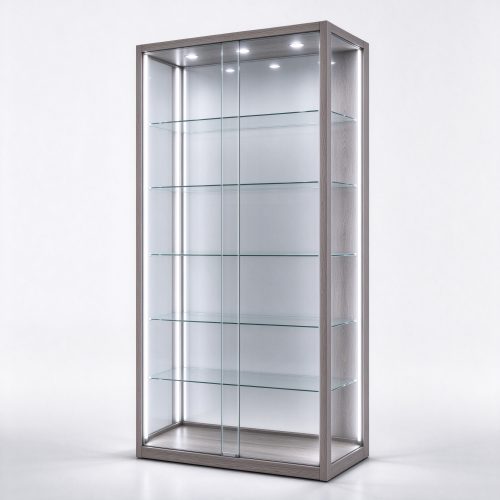Illuminated smoked oak glass display cabinet right 45 degree view