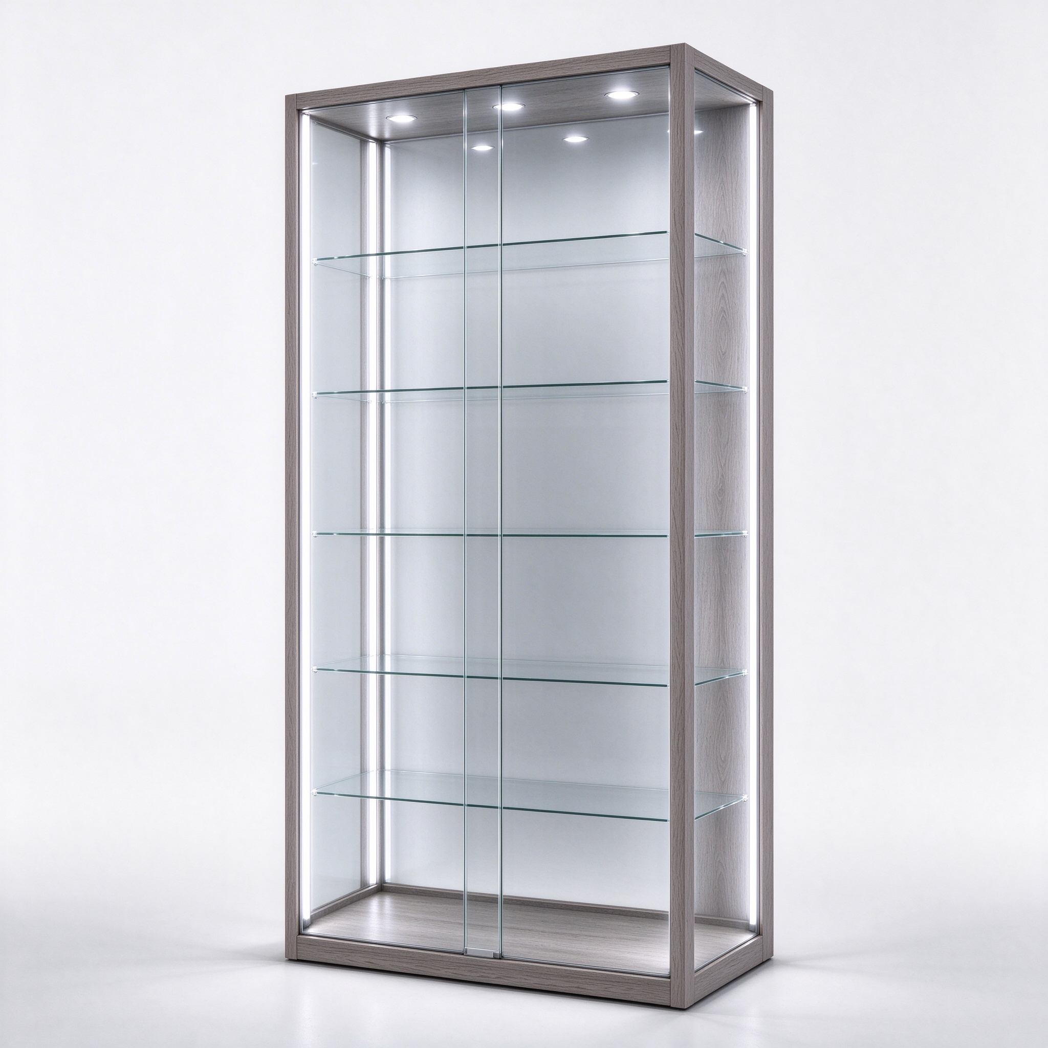 Illuminated smoked oak glass display cabinet right 45 degree view