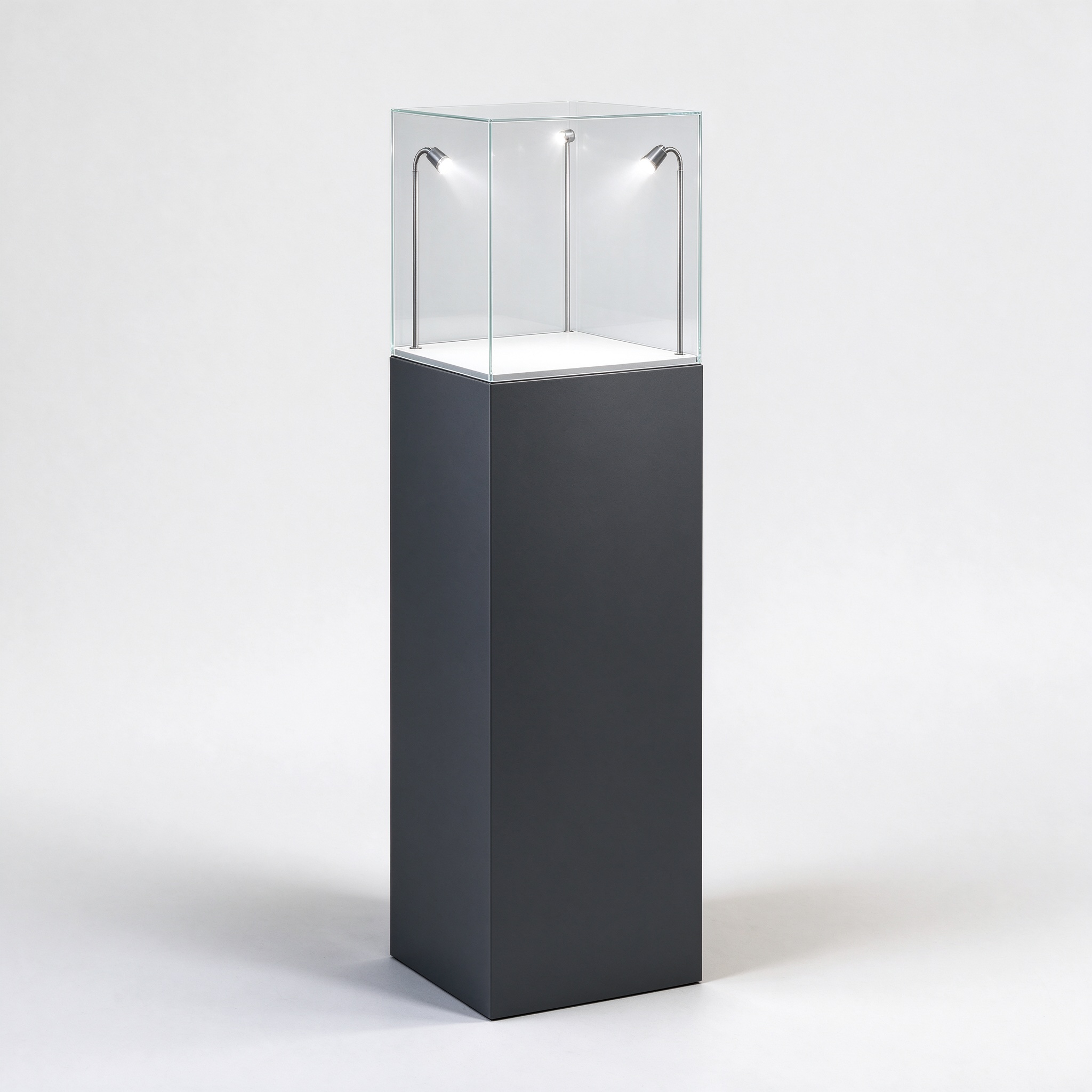 Illuminated charcoal museum pedestal left 45 degree view