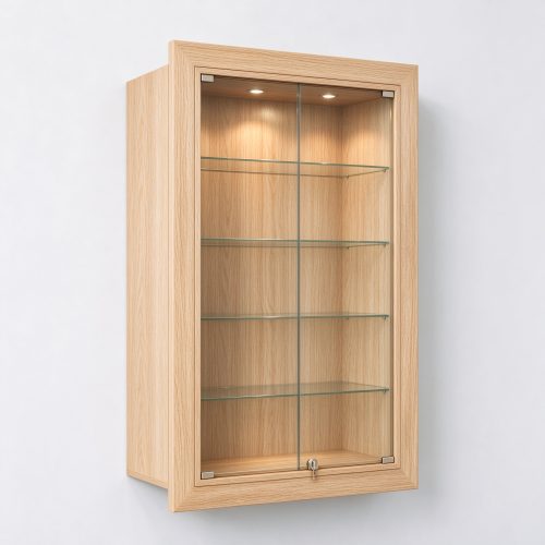 Illuminated light oak wall-mounted glass cabinet left 45 degree view