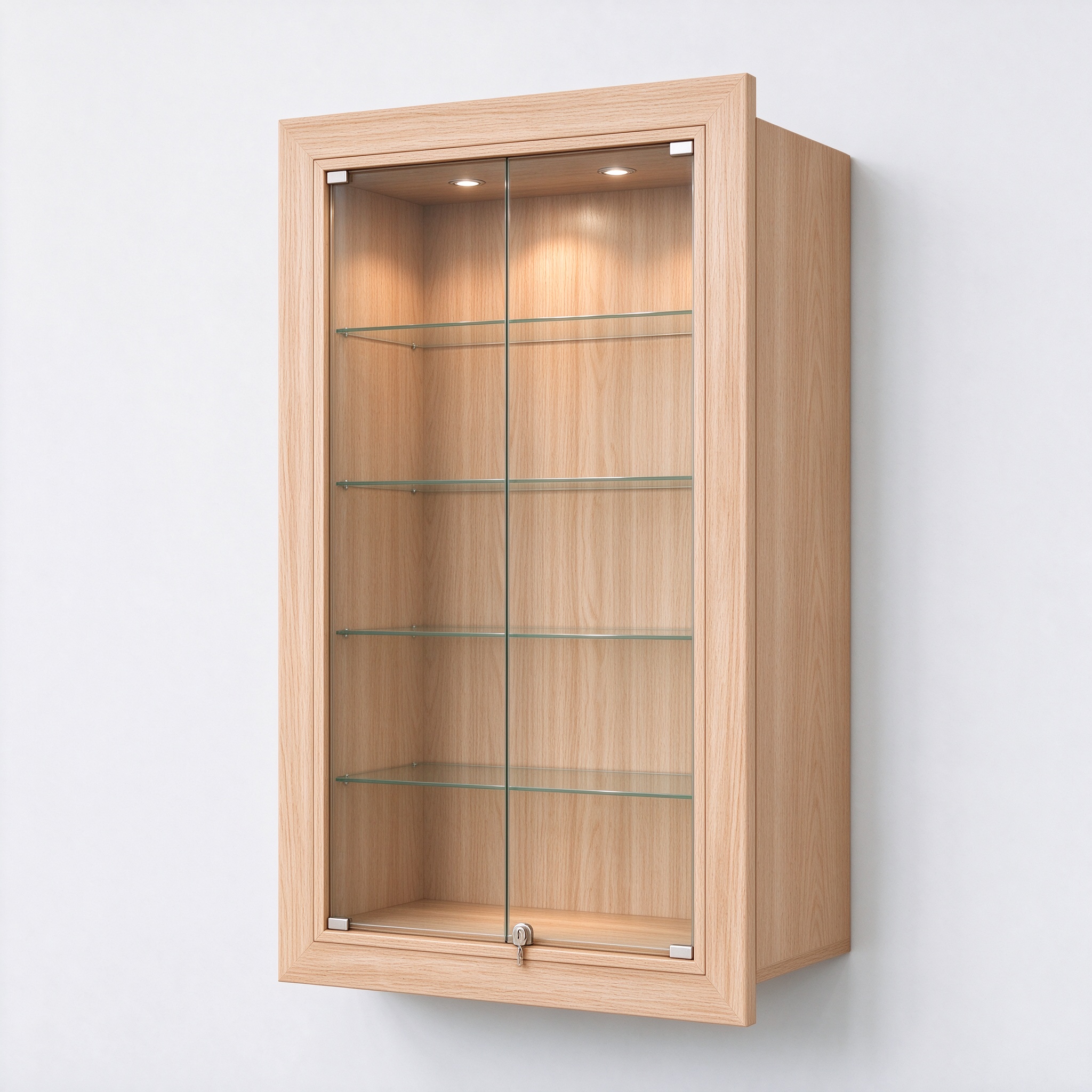 Illuminated light oak wall-mounted glass cabinet right 45 degree view