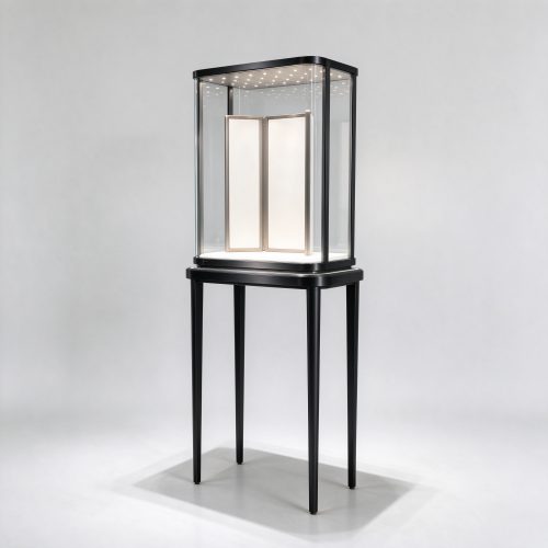 Illuminated black titanium tall-leg glass case left 45 degree view
