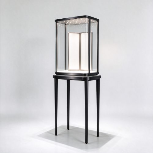 Illuminated black titanium tall-leg glass case right 45 degree view