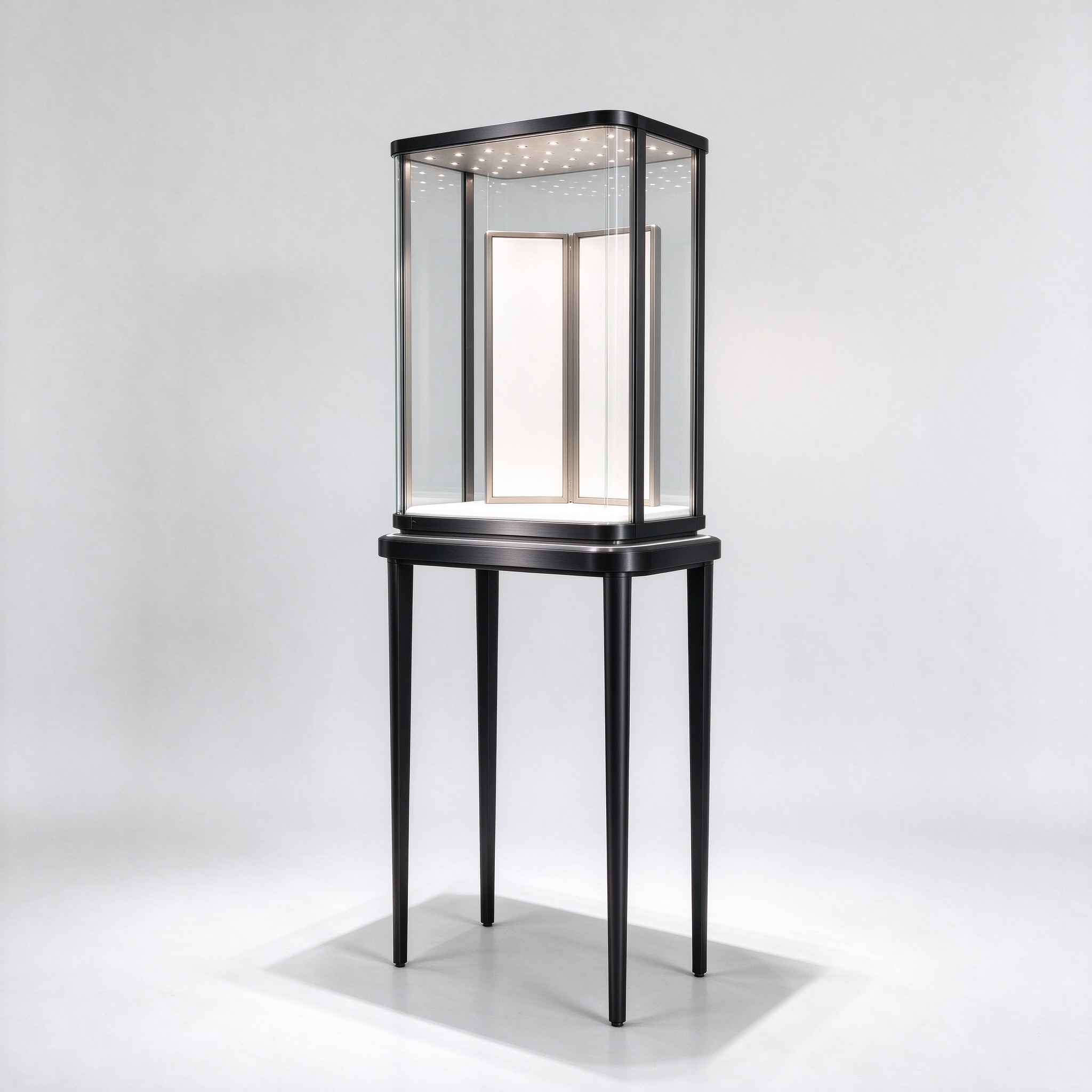 Illuminated black titanium tall-leg glass case right 45 degree view