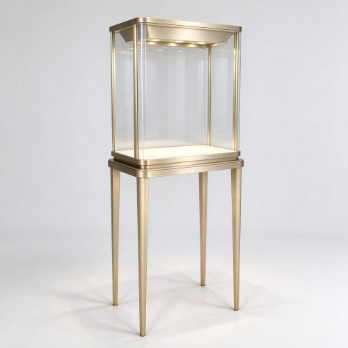 Illuminated champagne gold tall-leg glass case left 45 degree view