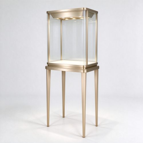 Illuminated champagne gold tall-leg glass case right 45 degree view