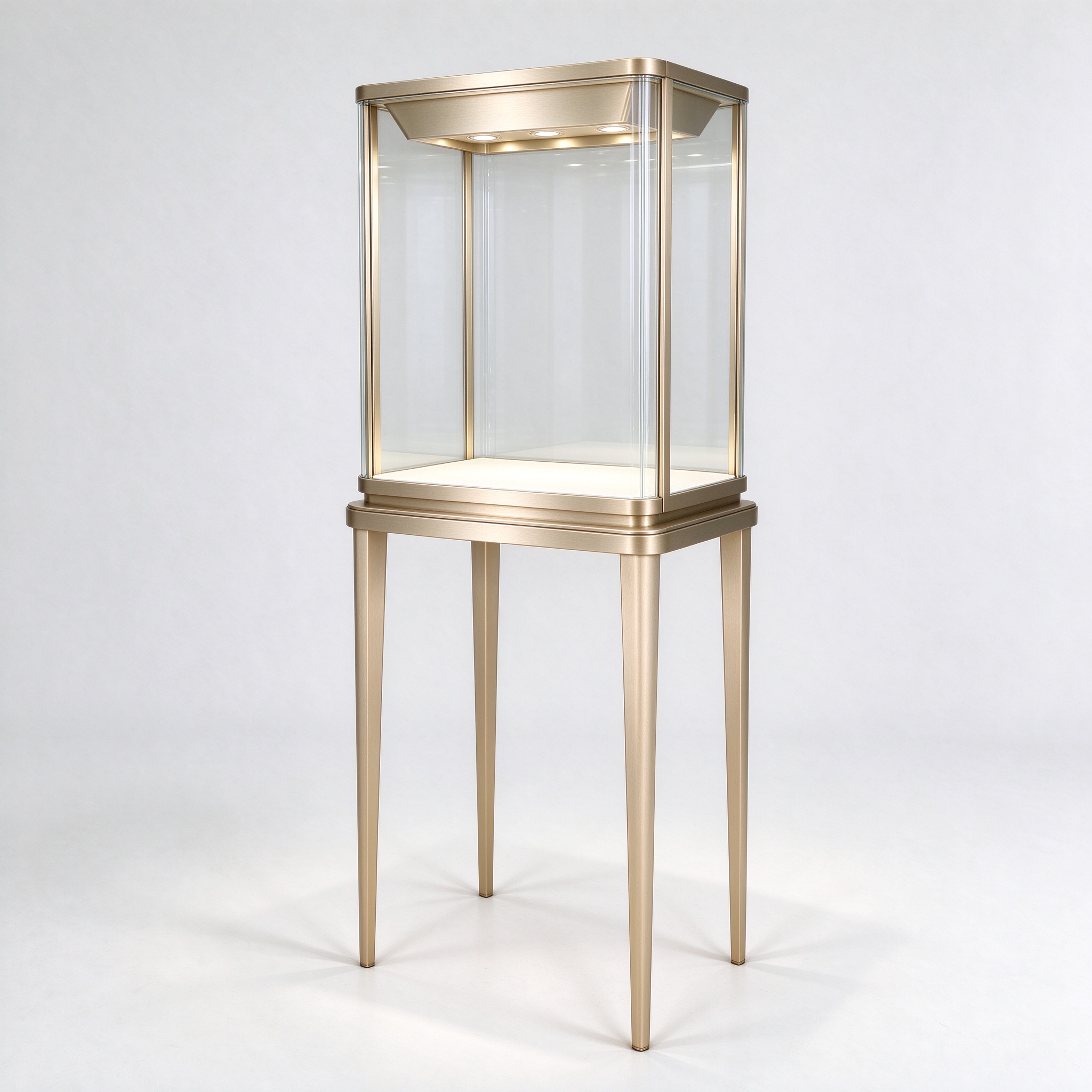 Illuminated champagne gold tall-leg glass case right 45 degree view