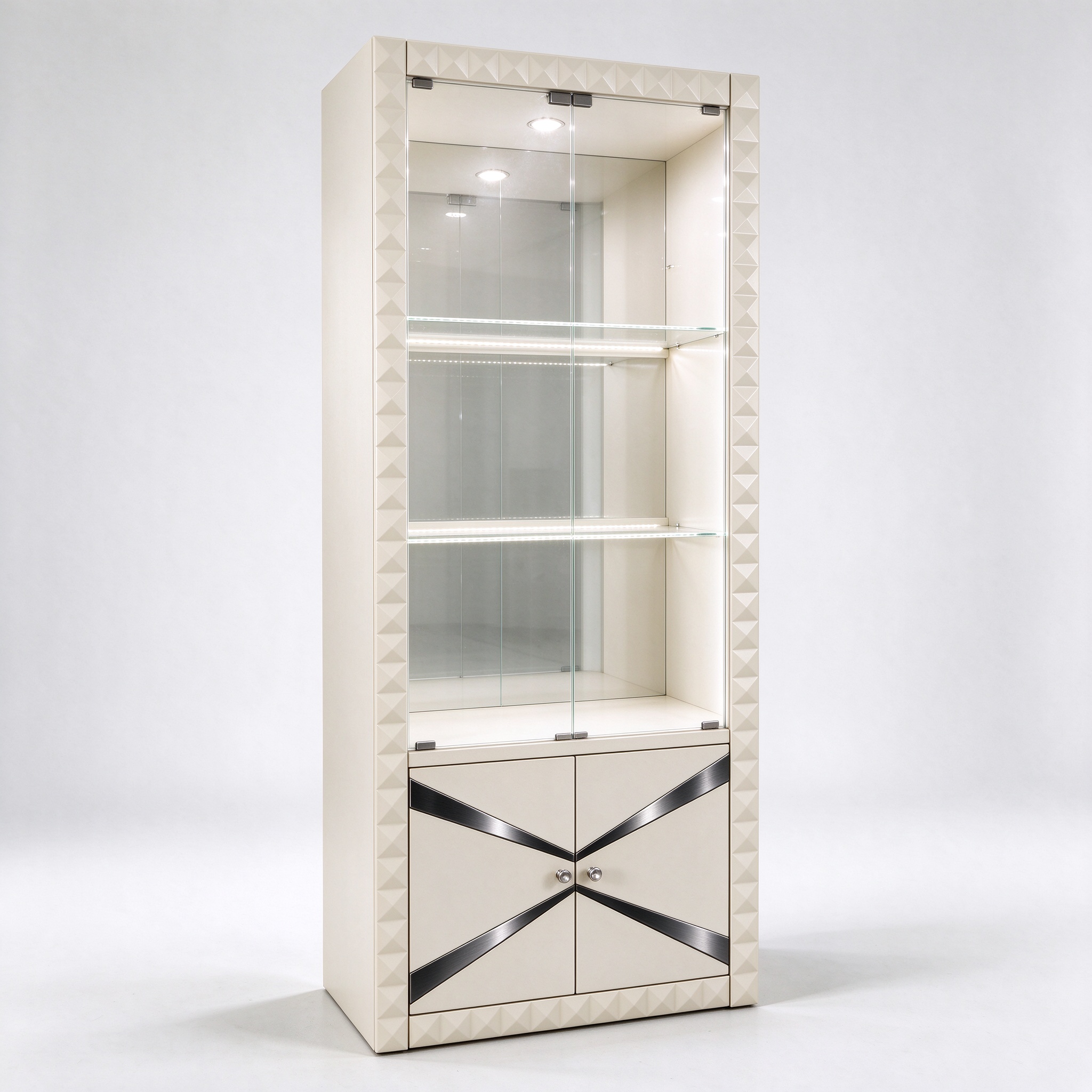 Off-white cream glass display cabinet with white LED left 45 degree view