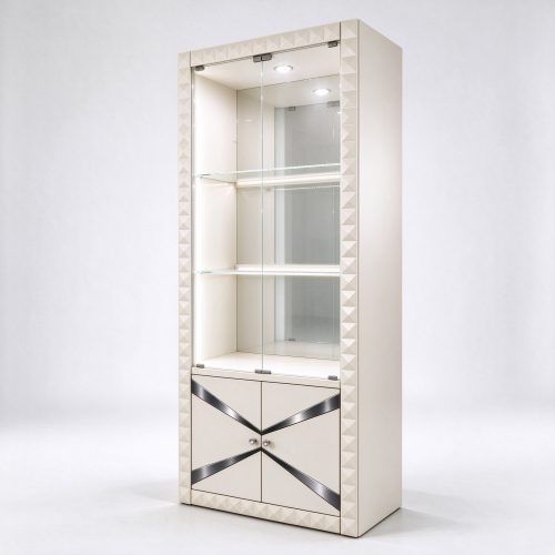 Off-white cream glass display cabinet with white LED right 45 degree view