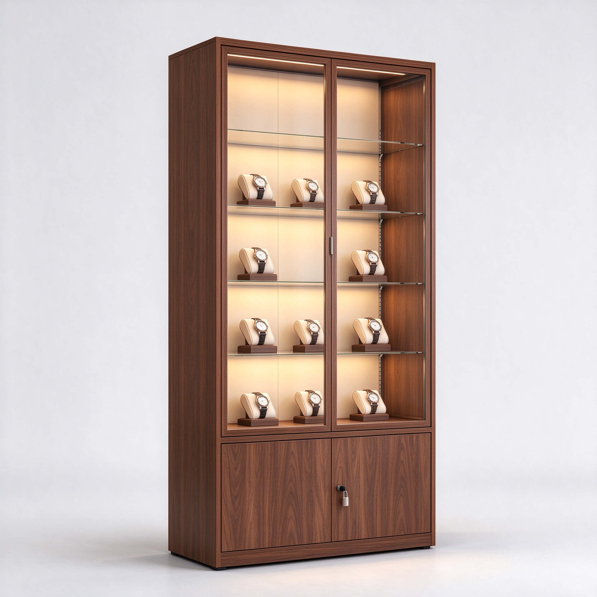 Illuminated walnut watch display cabinet closed sides left 45 degree view