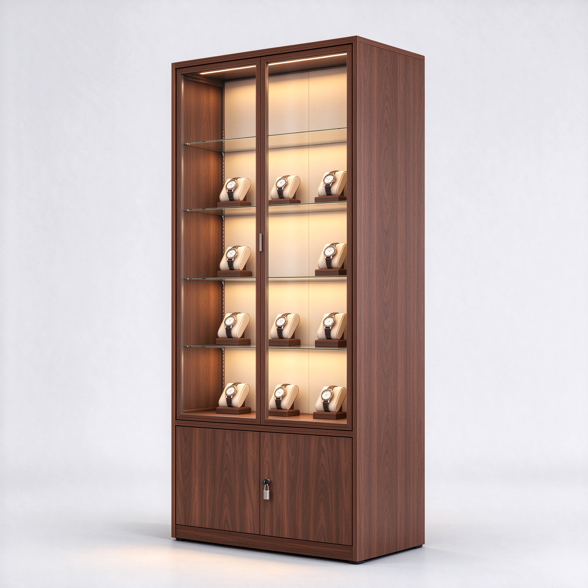 Illuminated walnut watch display cabinet closed sides right 45 degree view