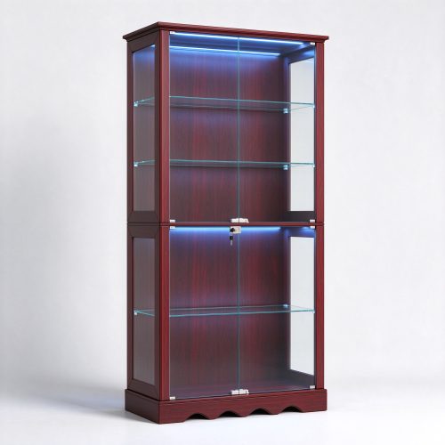 Dark cherry two-section glass cabinet clear sides left 45 degree view